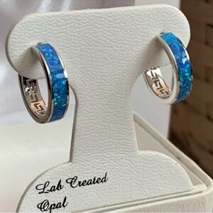 Lab Created Opal Blue and Silver Hoop Earrings